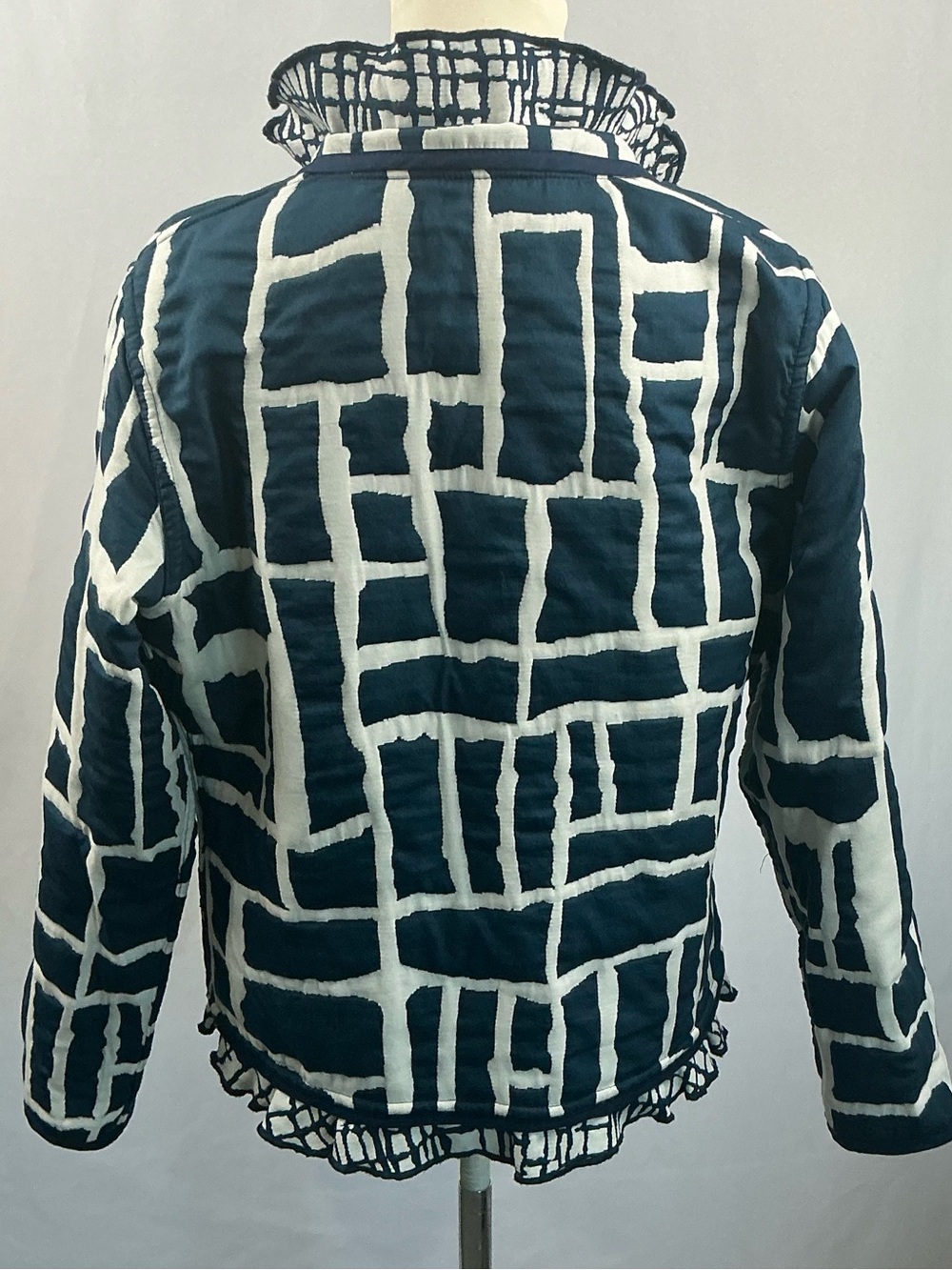 Trimdin Navy Ivory Reversible Ruffle Artisan Jacket Geometric - Picture 3 of 13